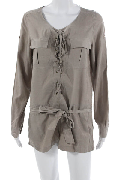 BCBGMAXAZRIA Womens Beige V Neck Long Sleeve Jumpsuit Rayon Cotton Size XS