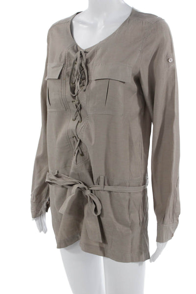 BCBGMAXAZRIA Womens Beige V Neck Long Sleeve Jumpsuit Rayon Cotton Size XS