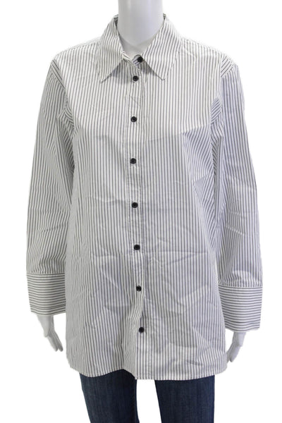 Zara Women Collared Striped Cotton Button-Up Long Sleeve Top White Size S