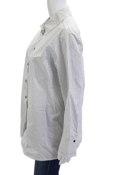 Zara Women Collared Striped Cotton Button-Up Long Sleeve Top White Size S