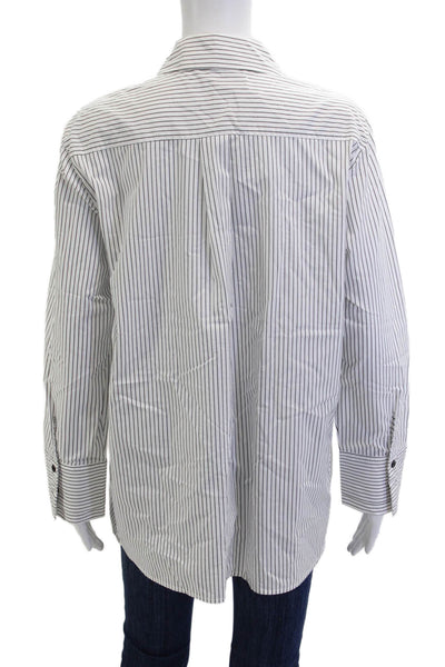Zara Women Collared Striped Cotton Button-Up Long Sleeve Top White Size S