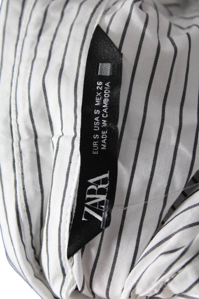 Zara Women Collared Striped Cotton Button-Up Long Sleeve Top White Size S