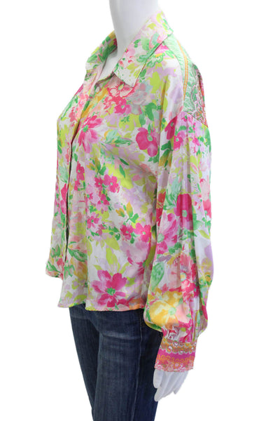 Current Air Womens Green Floral Collared Long Sleeve Button Up Blouse Size S