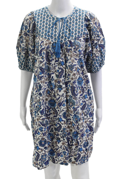 Knox Rose Women Kaftan Dress Blue Floral Short Sleeve Drawstring Size S