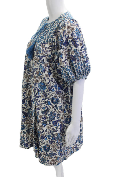 Knox Rose Women Kaftan Dress Blue Floral Short Sleeve Drawstring Size S