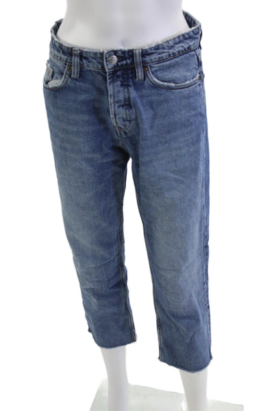 Zara Unisex Cropped Mom Jeans Blue Cotton Mid Rise Petites Size 26