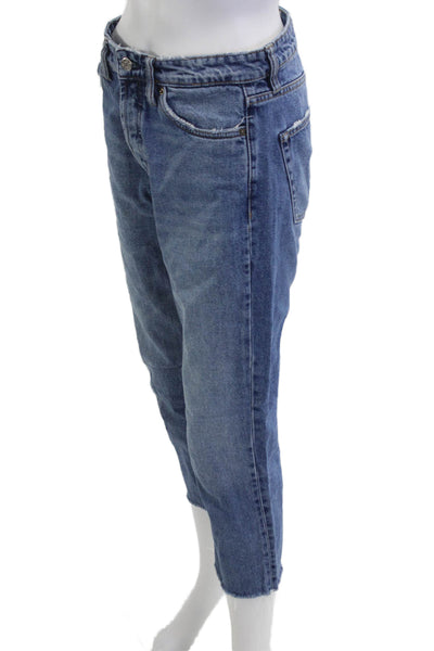 Zara Unisex Cropped Mom Jeans Blue Cotton Mid Rise Petites Size 26