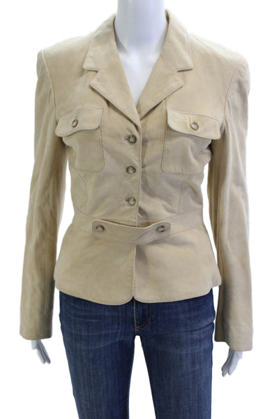 Wathne Womens Beige Suede Military Jacket Collared Button Long Sleeve Size 8
