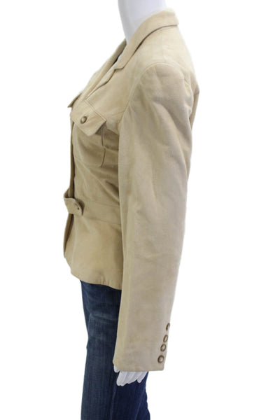 Wathne Womens Beige Suede Military Jacket Collared Button Long Sleeve Size 8
