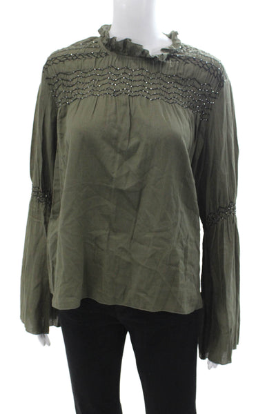 Love Sam Womens Green High Neck Button Cotton Boho Blouse Long Sleeve Size S