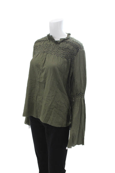 Love Sam Womens Green High Neck Button Cotton Boho Blouse Long Sleeve Size S