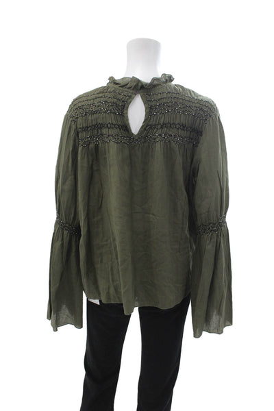 Love Sam Womens Green High Neck Button Cotton Boho Blouse Long Sleeve Size S