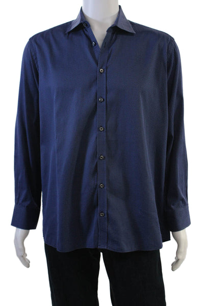 Sand Mens Point Collar Button-Up Shirt Dark Blue Polka Dot Cotton Size 43