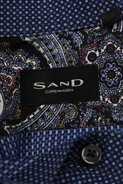 Sand Mens Point Collar Button-Up Shirt Dark Blue Polka Dot Cotton Size 43