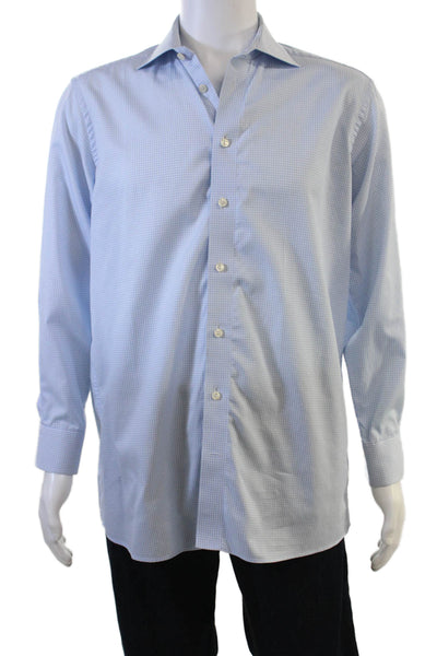 Eton Mens Light Blue Check Spread Collar Cotton Long Sleeve Dress Shirt Size 42
