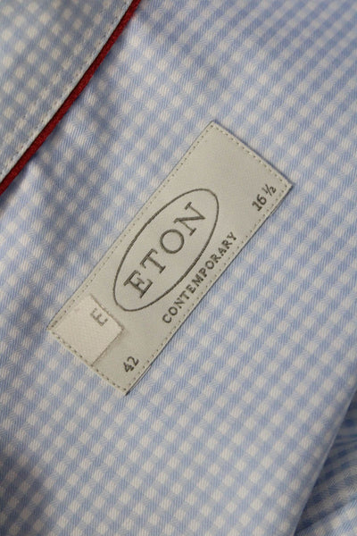 Eton Mens Light Blue Check Spread Collar Cotton Long Sleeve Dress Shirt Size 42