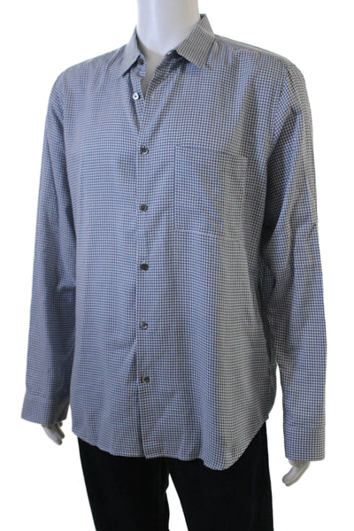 Theory Mens Point Collar Button-Up Check Cotton Blue Long Sleeve Shirt Size XL