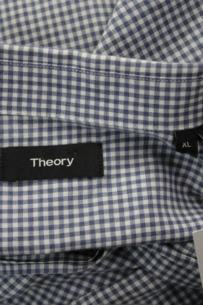 Theory Mens Point Collar Button-Up Check Cotton Blue Long Sleeve Shirt Size XL