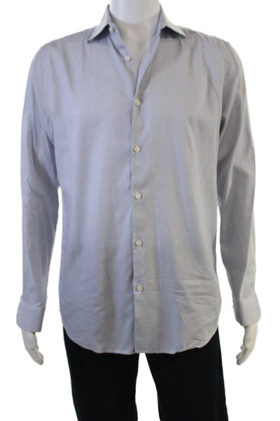 Theory Mens Spread Collar Check Cotton Shirt Light Blue Long Sleeve Size M