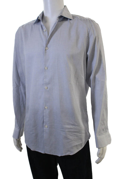 Theory Mens Spread Collar Check Cotton Shirt Light Blue Long Sleeve Size M