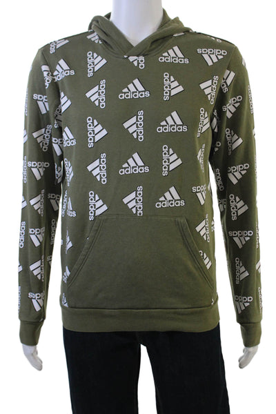 Adidas Mens Pullover Hoodie Green Cotton Graphic Drawstring Long Sleeve Size S