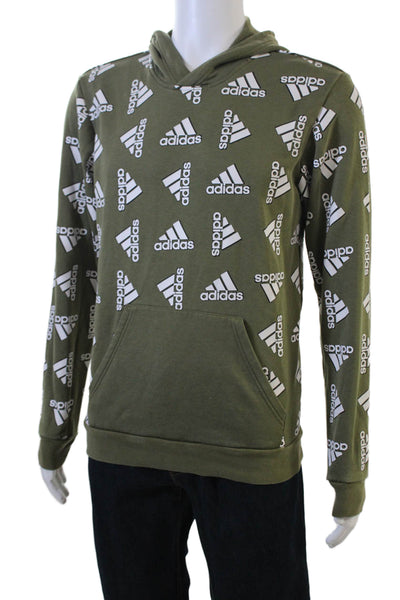 Adidas Mens Pullover Hoodie Green Cotton Graphic Drawstring Long Sleeve Size S