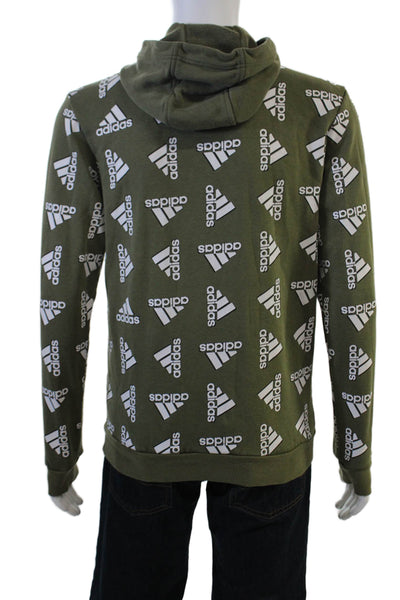 Adidas Mens Pullover Hoodie Green Cotton Graphic Drawstring Long Sleeve Size S
