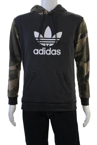 Adidas Mens Pullover Hoodies Black Camo Graphic Cotton Drawstring Size M