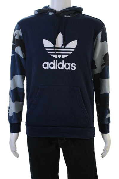 Adidas Mens Pullover Hoodie Dark Blue Camo Drawstring Long Sleeve Size M