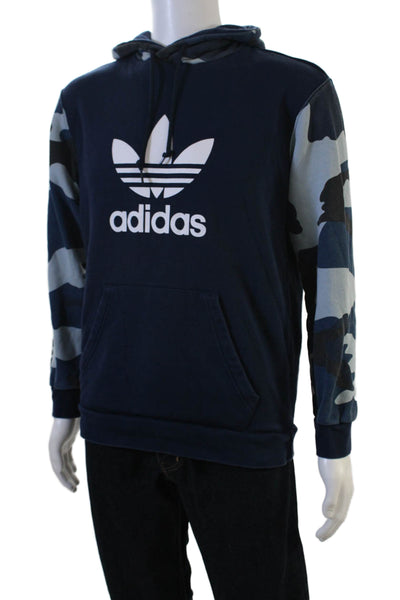 Adidas Mens Pullover Hoodie Dark Blue Camo Drawstring Long Sleeve Size M