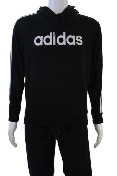Adidas Mens Pullover Hoodie Black Striped Graphic Cotton Drawstring Size S
