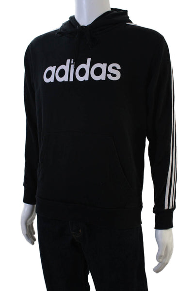 Adidas Mens Pullover Hoodie Black Striped Graphic Cotton Drawstring Size S