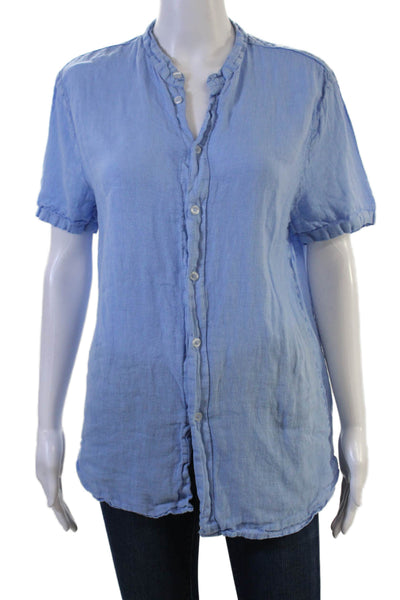 Puro Lino Women Basic Light Blue Button Up Short Sleeve Blouse 100% Lino Size M