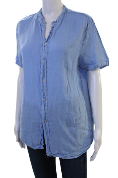 Puro Lino Women Basic Light Blue Button Up Short Sleeve Blouse 100% Lino Size M