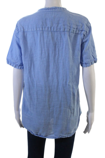 Puro Lino Women Basic Light Blue Button Up Short Sleeve Blouse 100% Lino Size M