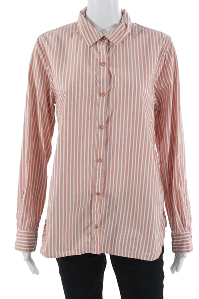 Garnet Hill Women Pink Striped Collared Button-Up Top Long Sleeve Size 12
