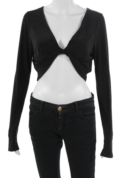 Wayf Women Cropped Black V-Neck Long Sleeve Top Grunge Size S