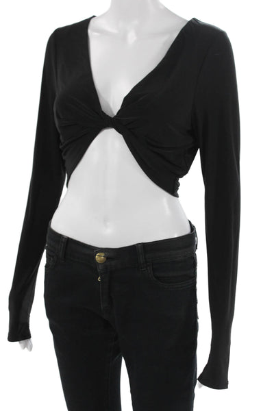 Wayf Women Cropped Black V-Neck Long Sleeve Top Grunge Size S