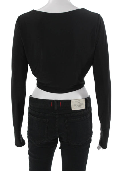 Wayf Women Cropped Black V-Neck Long Sleeve Top Grunge Size S