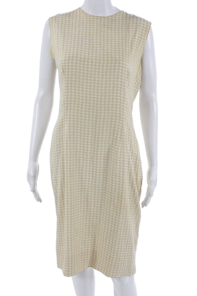 Carolina Herrera Women Sheath Dress Beige Check Crew Neck Sleeveless Size 10