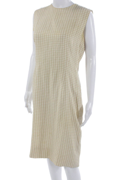 Carolina Herrera Women Sheath Dress Beige Check Crew Neck Sleeveless Size 10