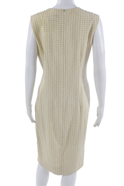 Carolina Herrera Women Sheath Dress Beige Check Crew Neck Sleeveless Size 10