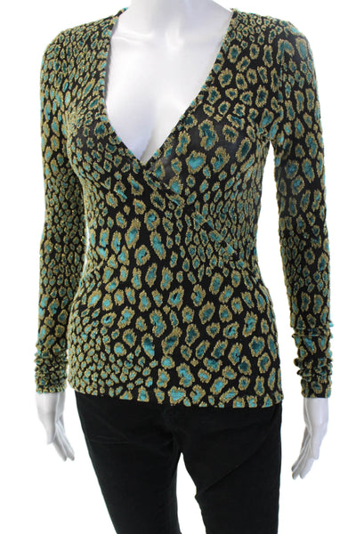 Caroline Constas Women Black V-Neck Leopard Viscose Long Sleeve Blouse Size XS