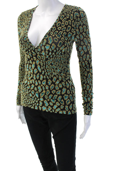 Caroline Constas Women Black V-Neck Leopard Viscose Long Sleeve Blouse Size XS