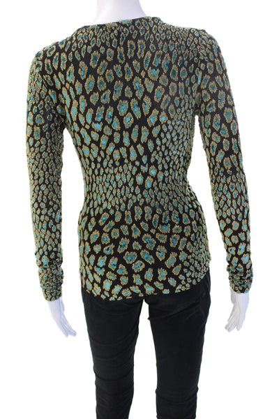 Caroline Constas Women Black V-Neck Leopard Viscose Long Sleeve Blouse Size XS