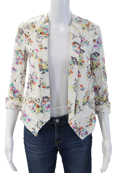 Ella Moss Women White Floral Rayon V Neck 3/4 Sleeve Blazer Size S