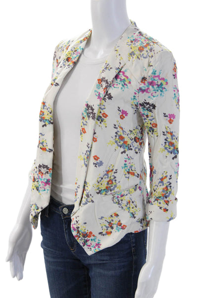 Ella Moss Women White Floral Rayon V Neck 3/4 Sleeve Blazer Size S