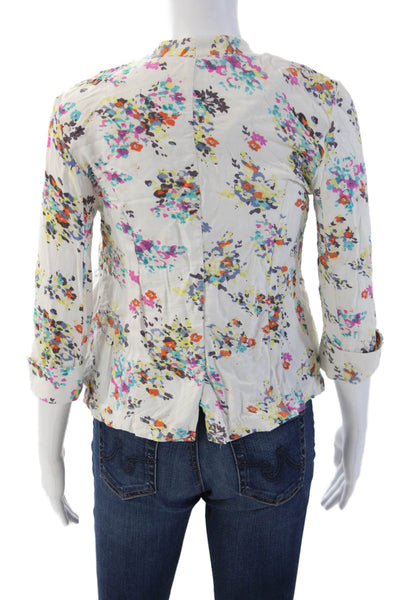 Ella Moss Women White Floral Rayon V Neck 3/4 Sleeve Blazer Size S
