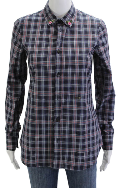 Dsquared2 Womens Plaid Collared Button-Up Dark Blue Cotton Long Sleeve Size 40