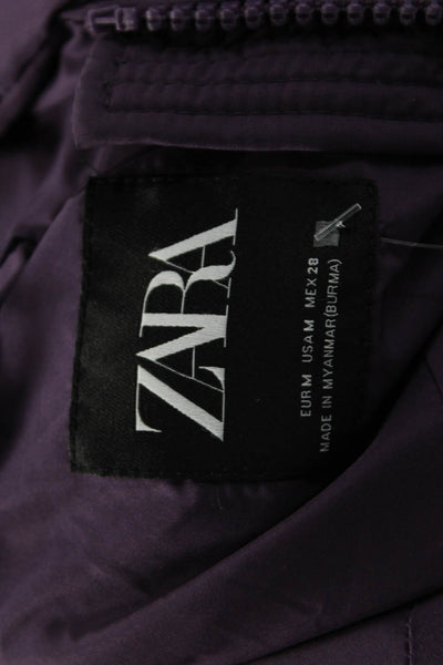 Zara Womens Puffer Quilted Jacket Purple High Neck Drawstring Size M